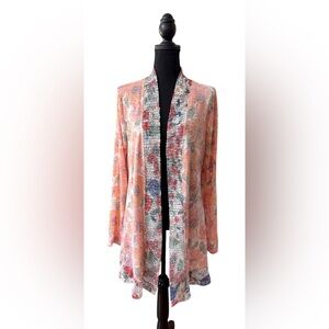 Cupio Pink and Cream Open Front Floral Garden Girl Whimsical Lace Trim Cardigan